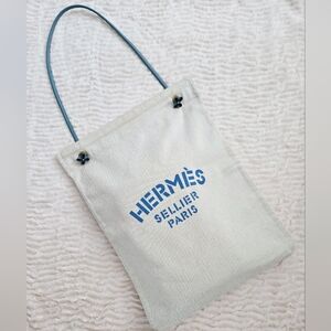 Authentic HERMÈS Large Tote Satchel Herringbone Canvas & Leather Weekender